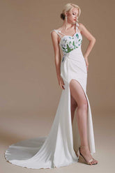 White Straps Appliques Backless Sheath Bridal Gown with Slit